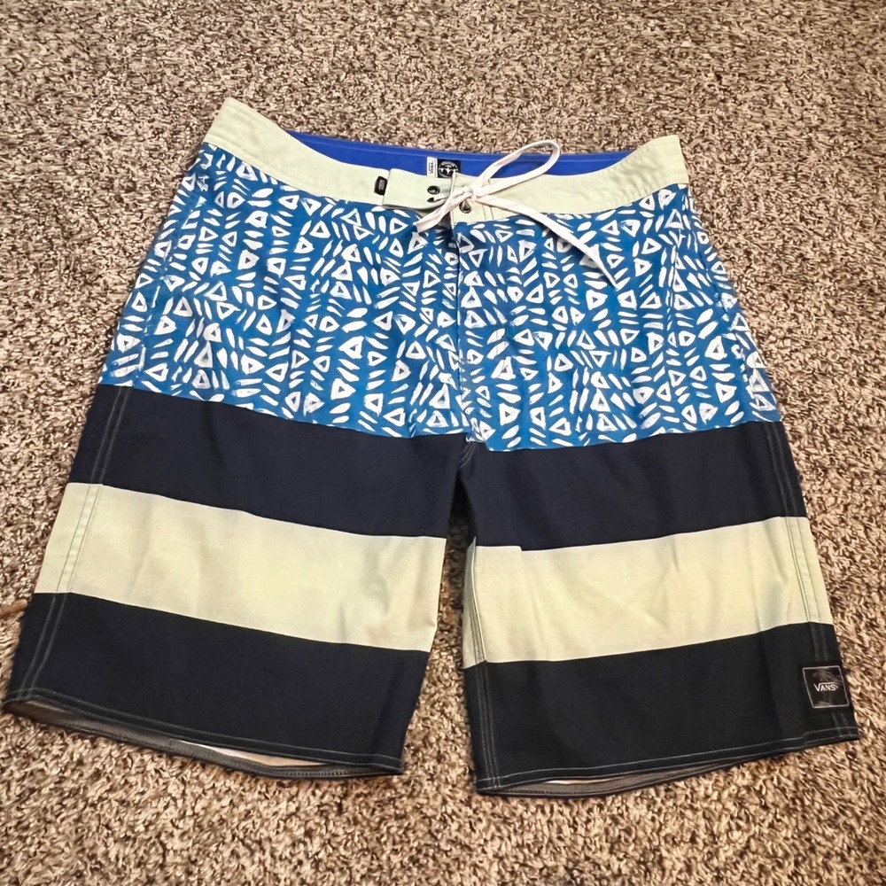 Vans‎ Positive Vibe Warriors Mens Board Shorts Blue Geometric Stripe Size 34